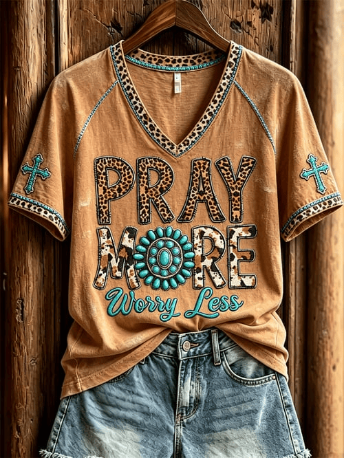 Pray More Worry Less V-Neck Shirt Turquoise Leopard Pattern Merch Gift For Country Girls