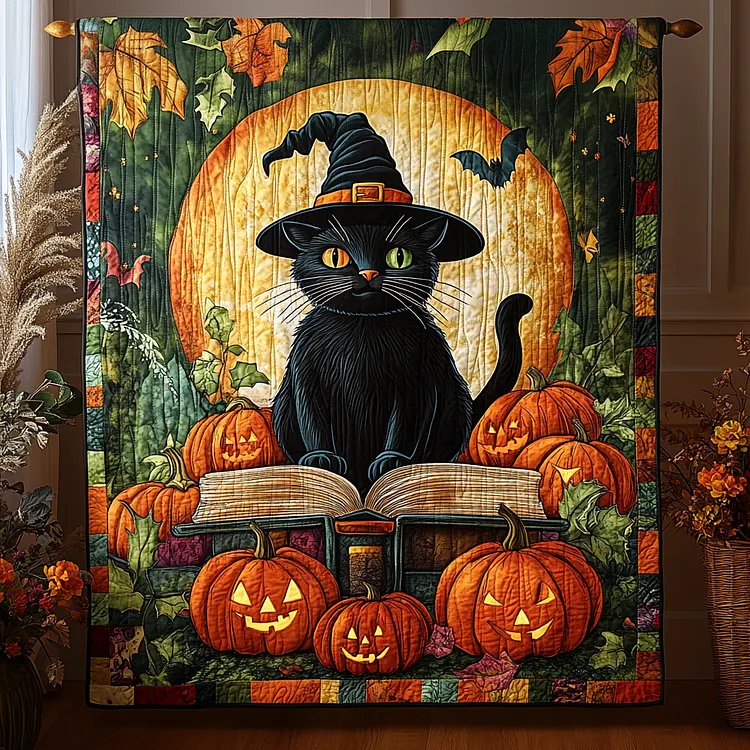 Pumpkin Kitty Quilted Blanket Witch Cat Pumpkins Merch Trendy Gift