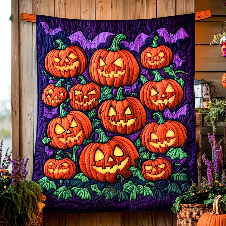 Pumpkin Patch Frenzy Quilted Blanket Halloween Pumpkins Bats Merch Gifts For House Lovers