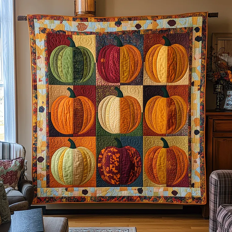 Pumpkin Row Quilted Blanket Pumpkin Patch Quilt Merch Cool Room Decor