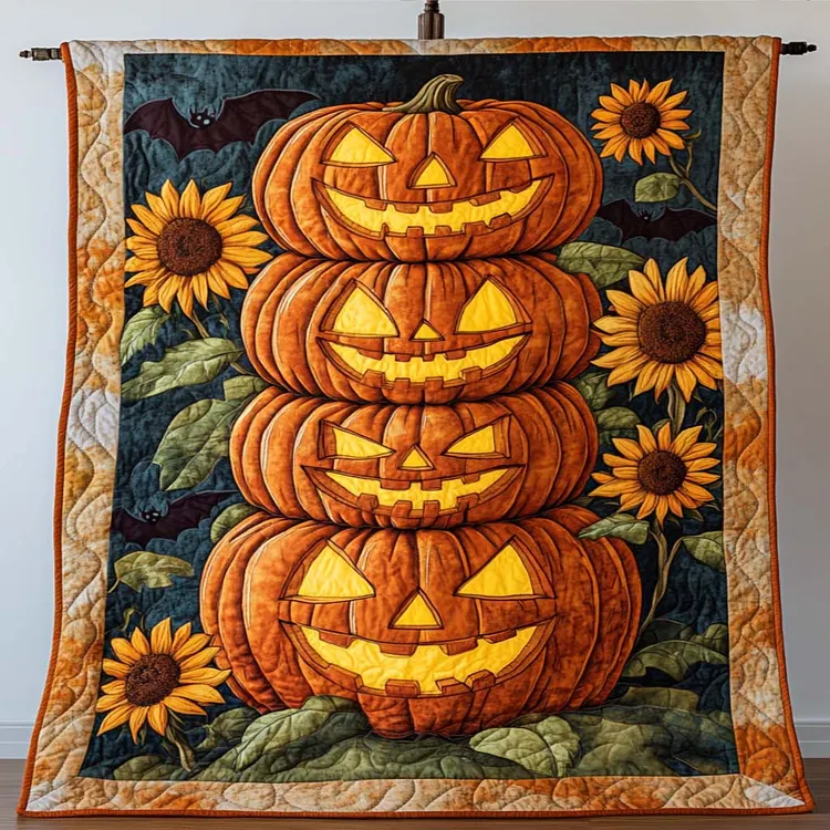 Pumpkin Tower Quilted Blanket Stacked Jack-o'-lanterns Merch House Lover Gift Ideas