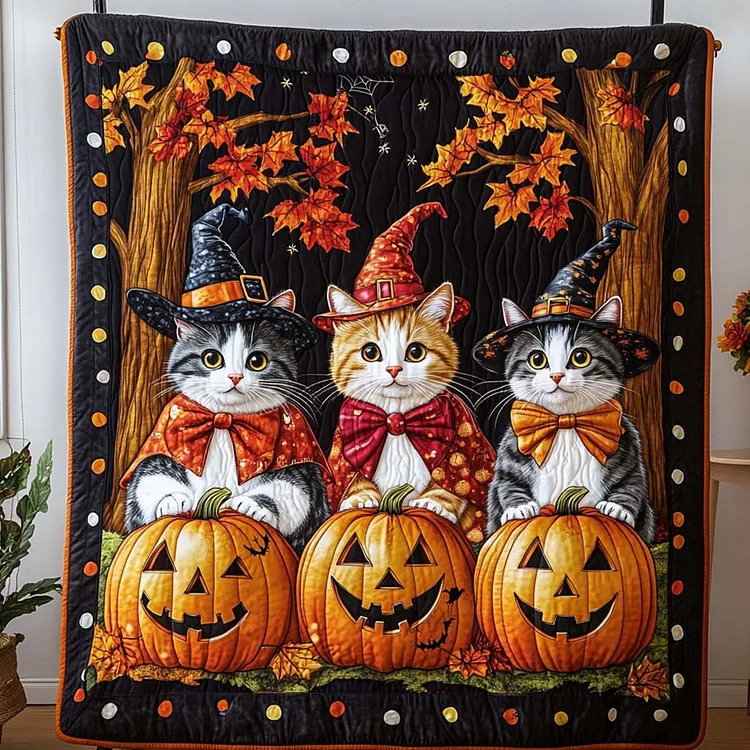 Pumpkin Witch Cats Quilted Blanket Halloween Cats Pumpkins Merch Halloween Gifts For Wife