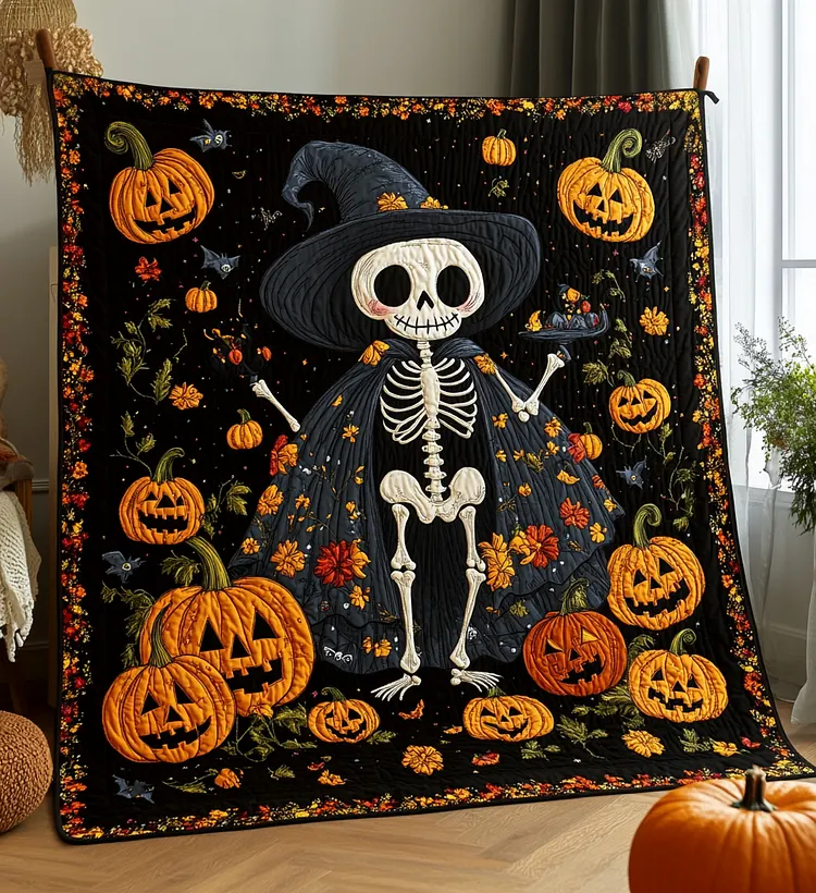 Pumpkins Night Quilted Blanket Skeleton Witch Pumpkins Merch Halloween Birthday Gifts