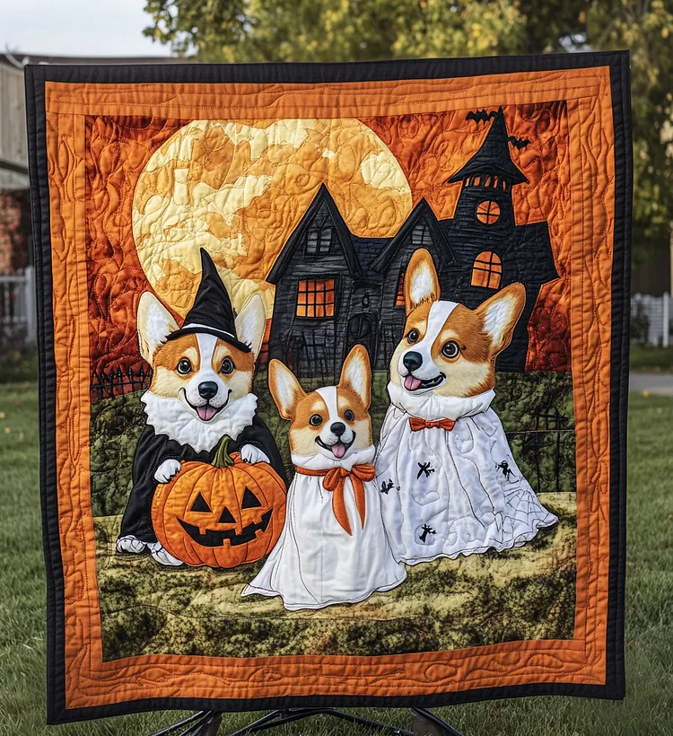 Puppy Patch Quilted Blanket Halloween Corgi Pumpkins Merch Home Gift