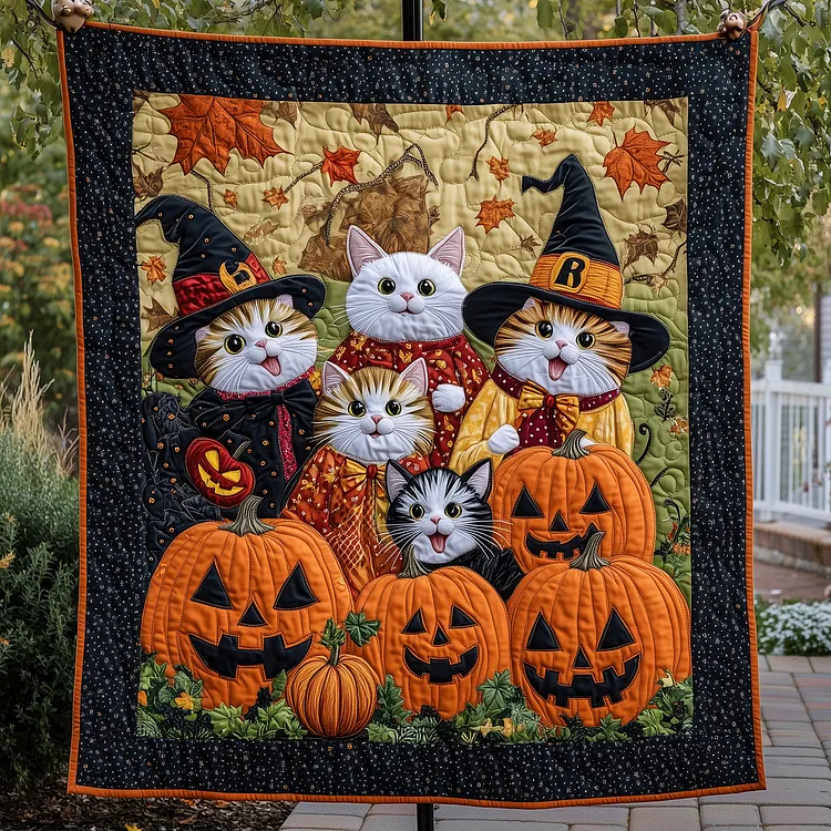 Purrfectly Haunted Quilted Blanket Halloween Cats Pumpkins Merch Gifts For Living Rooms