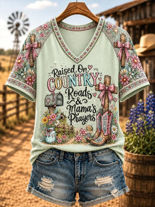 Raised On Country Roads And Mama's Prayers V-Neck Shirt Floral Southern Clothes Gift