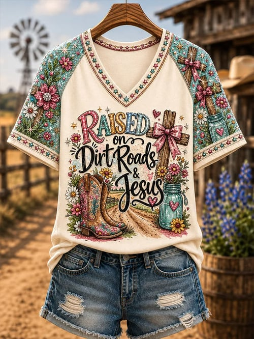 Raised On Dirt Roads And Jesus Cross V-Neck Shirt Jesus Merch Gift For Christian Fans