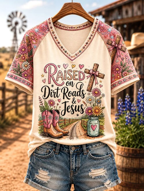 Raised On Dirt Roads And Jesus V-Neck T-Shirt Christian Merch Unique Western Style Gift