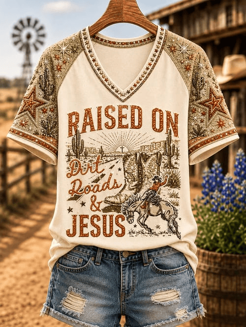Raised On Dirt Roads Jesus V-Neck Shirt Western Landscape Merch Gift For Southern Women