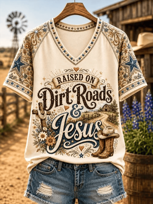 Raised On Dirt Roads Ready For Jesus V-Neck Shirt Cow Skull Western Merch Gift For Country