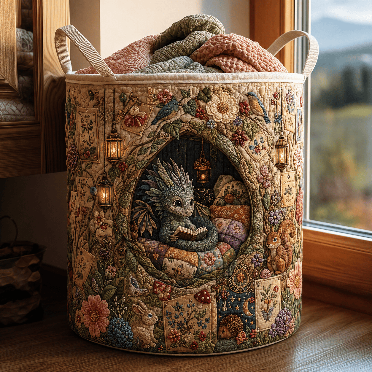 Reading Nook Quilted Laundry Basket Cozy Library Cat Clothes Hamper Novel Housewarming Gifts