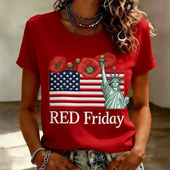 Red Friday American Flag Floral T-Shirt Statue Of Liberty Clothes Best Gift For Wife - WWCandleCo