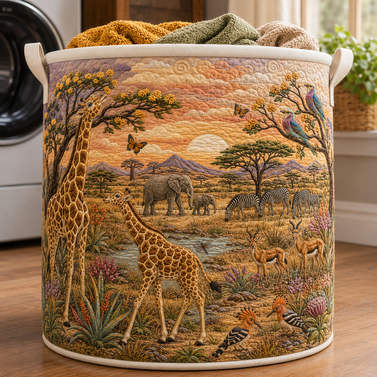 Safari Quilt Quilted Laundry Basket African Giraffe Clothes Hamper Animal Housewarming Gifts
