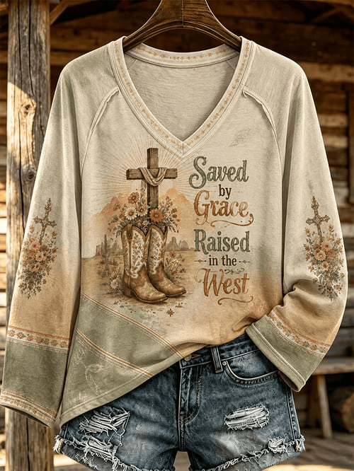 Saved By Grace Raised In The West V-Neck Long Sleeve Shirt Christian Merch Western Style Gift