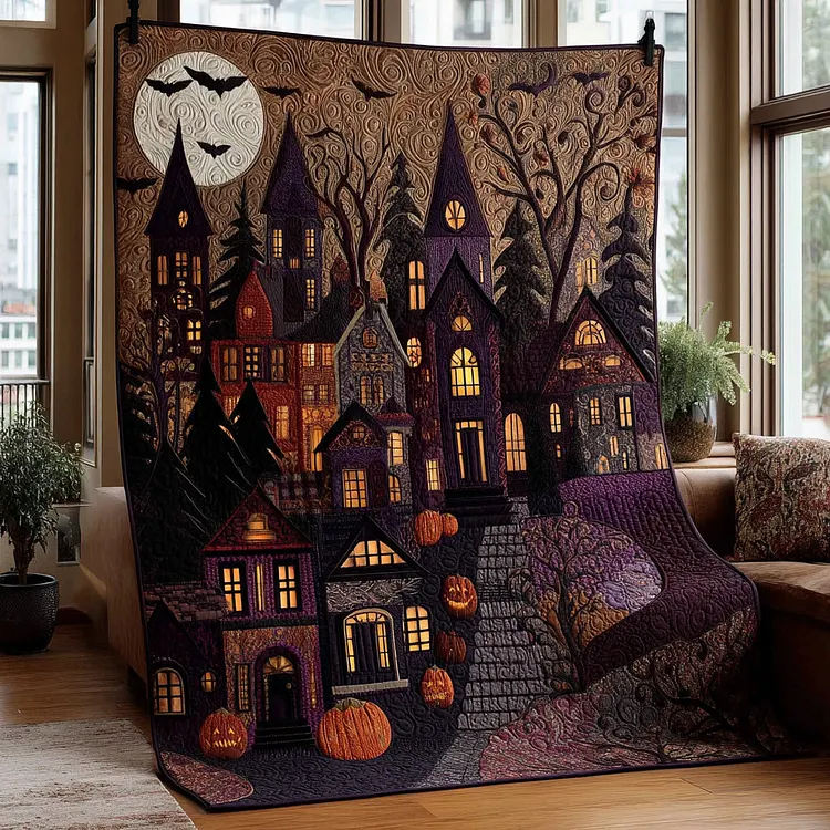 Shadow Street Quilted Blanket Haunted Houses Halloween Merch Spooky Gift Ideas