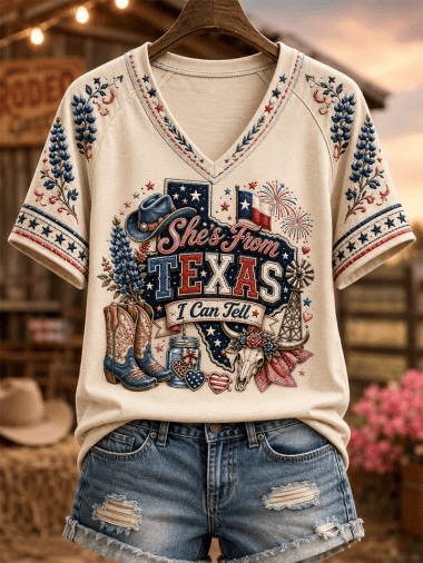 She Is From Texas I Can Tell V-Neck Shirt Texas Map American Flag Shirt Unique Gift
