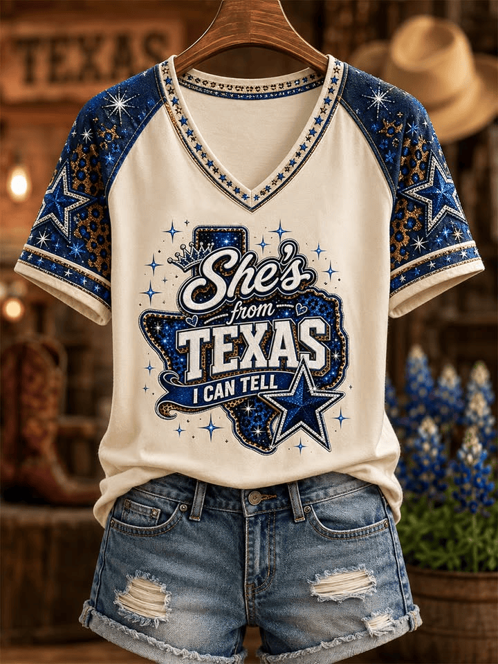 She's From Texas I Can Tell V-Neck Shirt Cowboy Western Women's Shirt Gifts For Fans