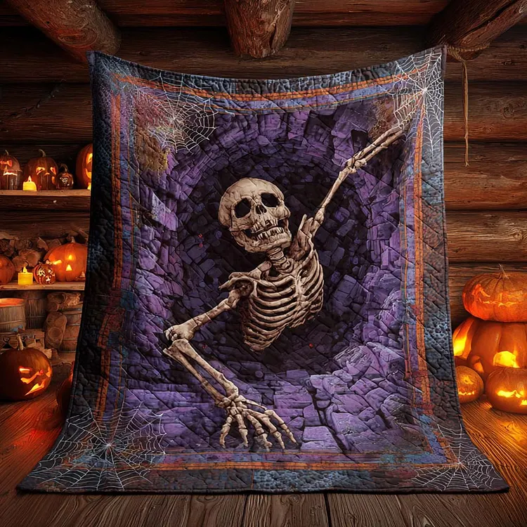 Skeleton Ascent Quilted Blanket Skeleton In Cave Merch Unique Halloween Gifts