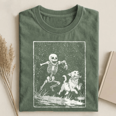 Skeleton Chasing Dog T-Shirt Funny Retro Halloween Vintage Apparel Gift For Dog Owners
