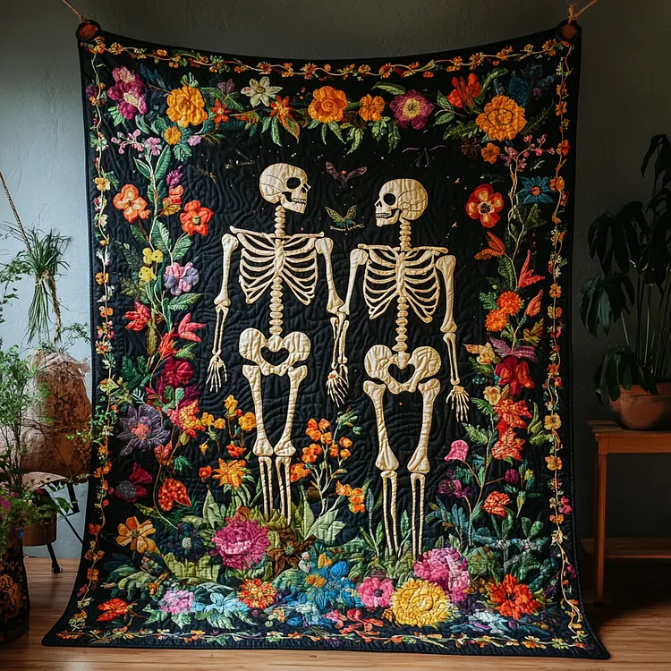 Skeleton Couple Halloween Quilted Blanket Skeleton Couple Flowers Merch Home Lover Gift Ideas
