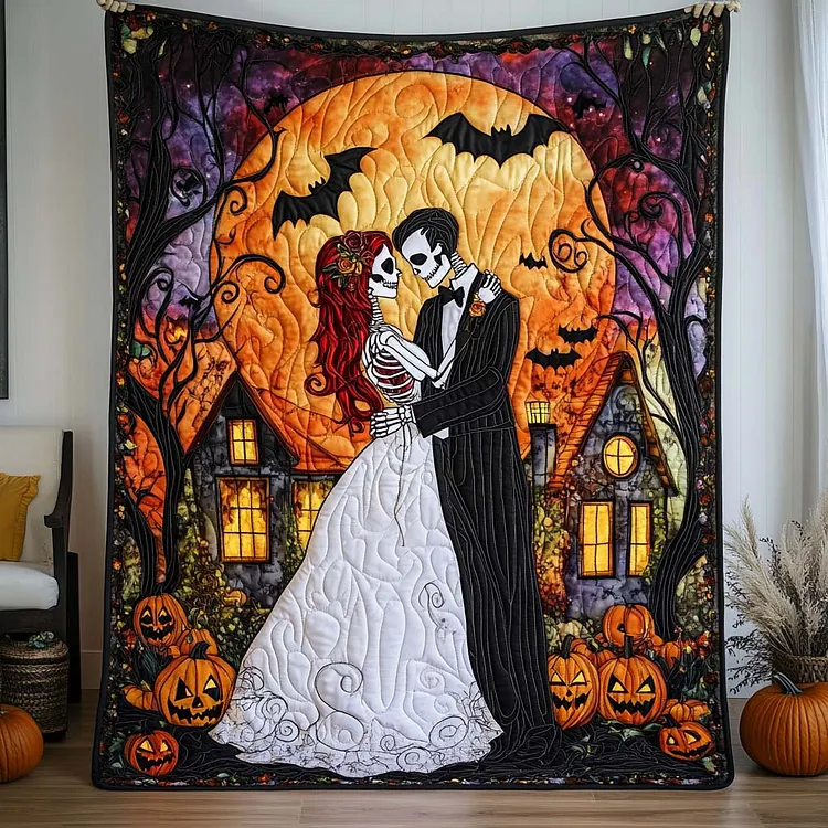 Skeleton Love Quilted Blanket Skeleton Couple Halloween Merch Home Lover Gift Ideas