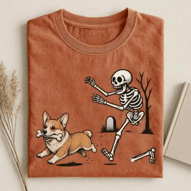 Skeleton Playing With Cute Corgi Dog T-Shirt Corgi Lover Merch Gift For Dog Lovers