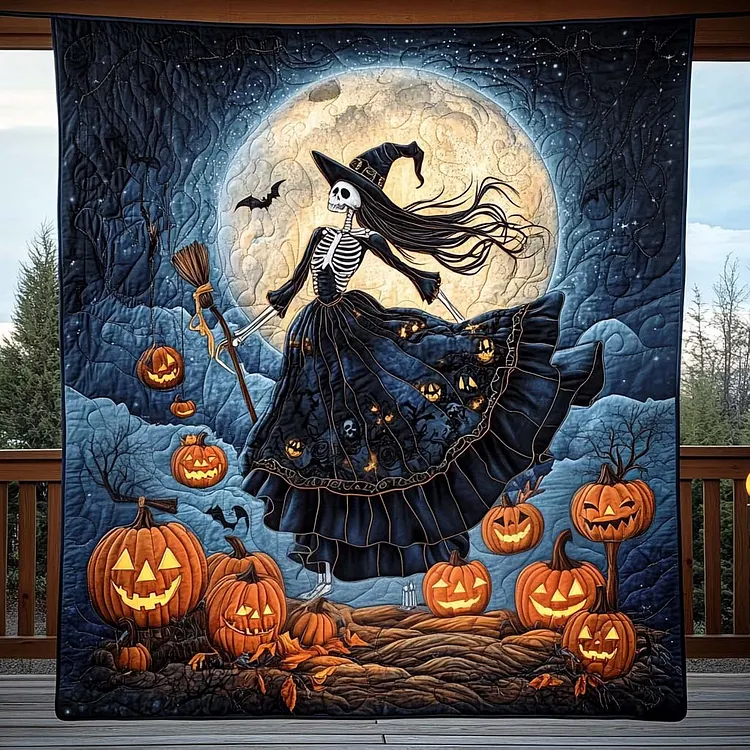 Skeleton Witch Quilted Blanket Skeleton Witch Pumpkins Merch Halloween Gifts For Adults