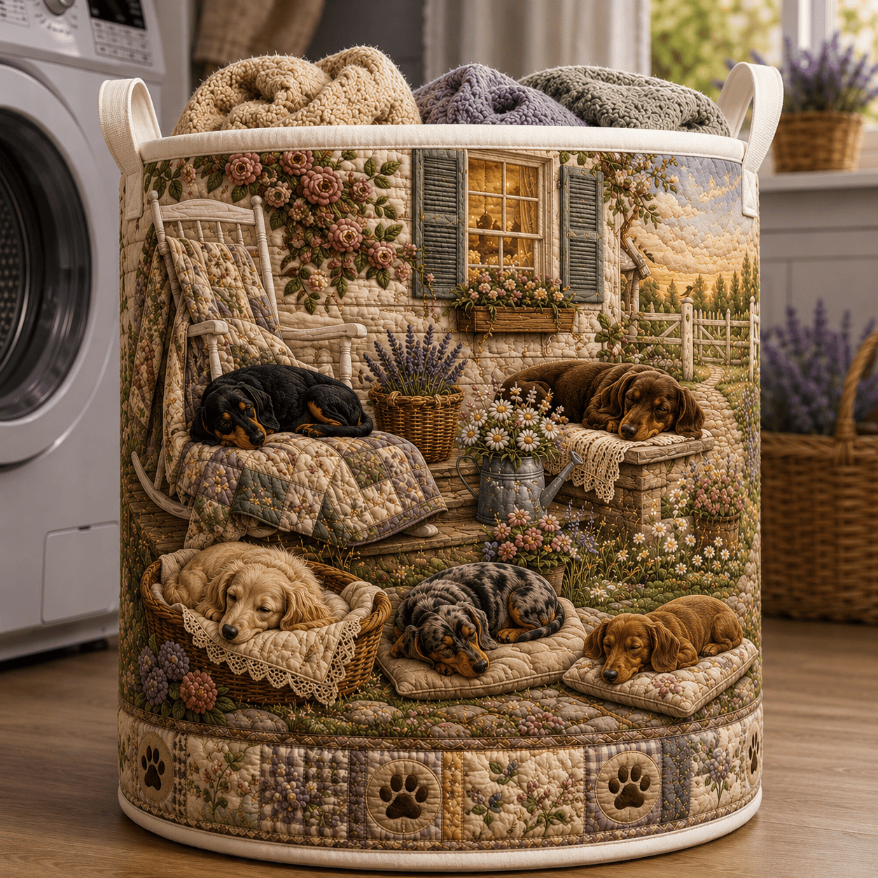 Sleeping Dachshund Quilted Laundry Basket Cozy Dog Puppy Clothes Hamper Fan Gift
