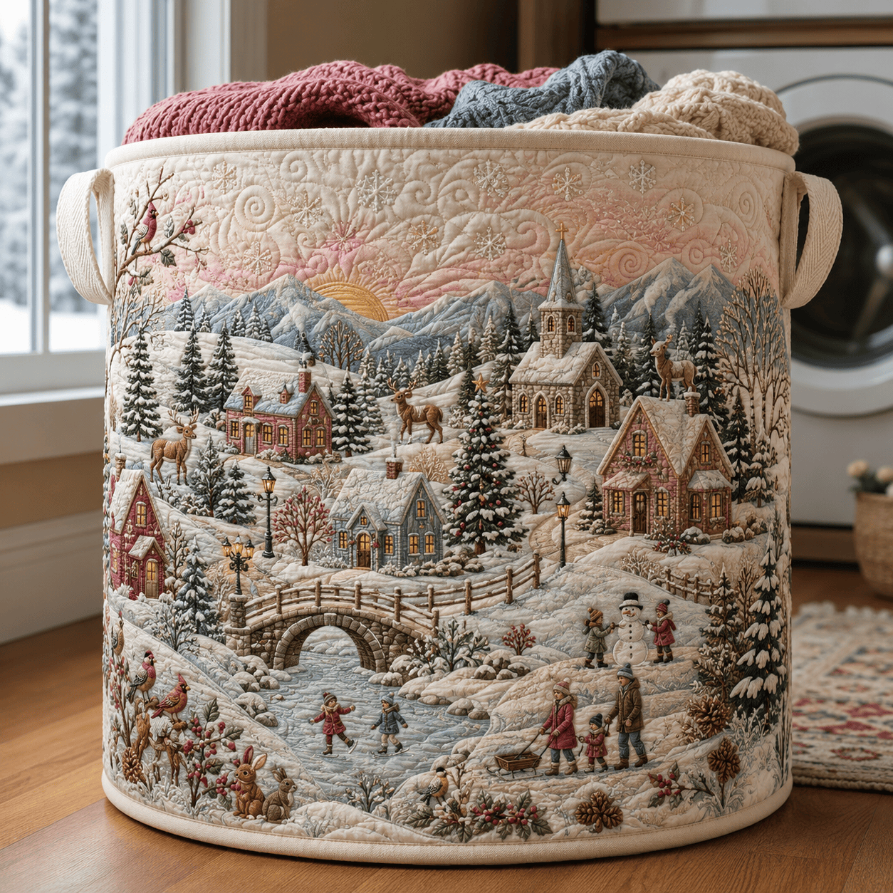 Snowy Town Quilted Laundry Basket Winter Village Scene Clothes Hamper Rustic Housewarming Gifts