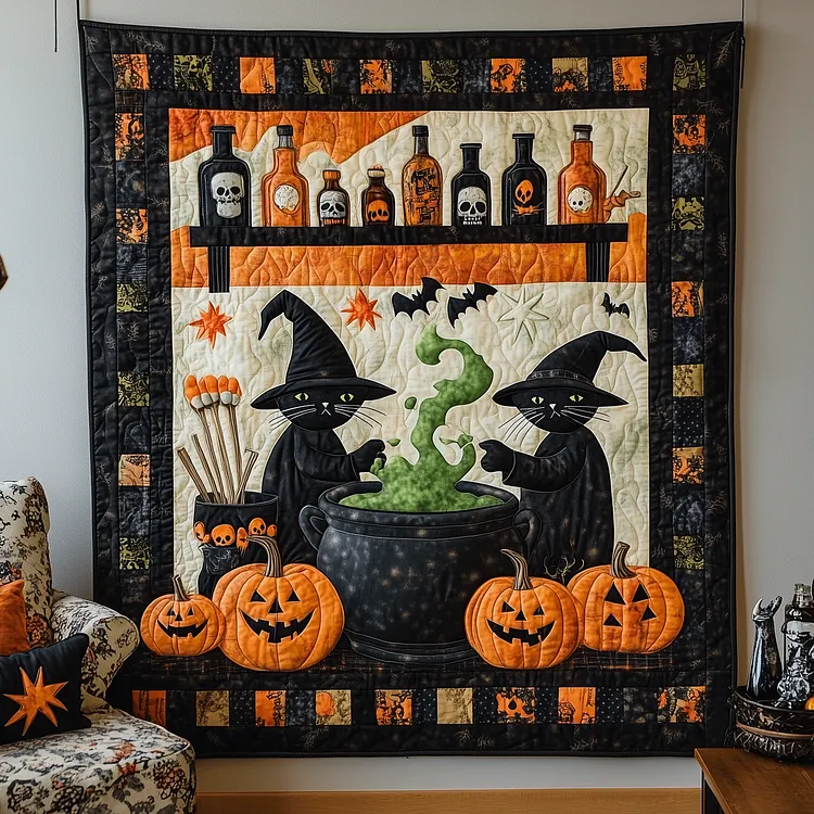 Spells And Purrs Quilted Blanket Halloween Cats Cauldron Merch Halloween Gifts For Her