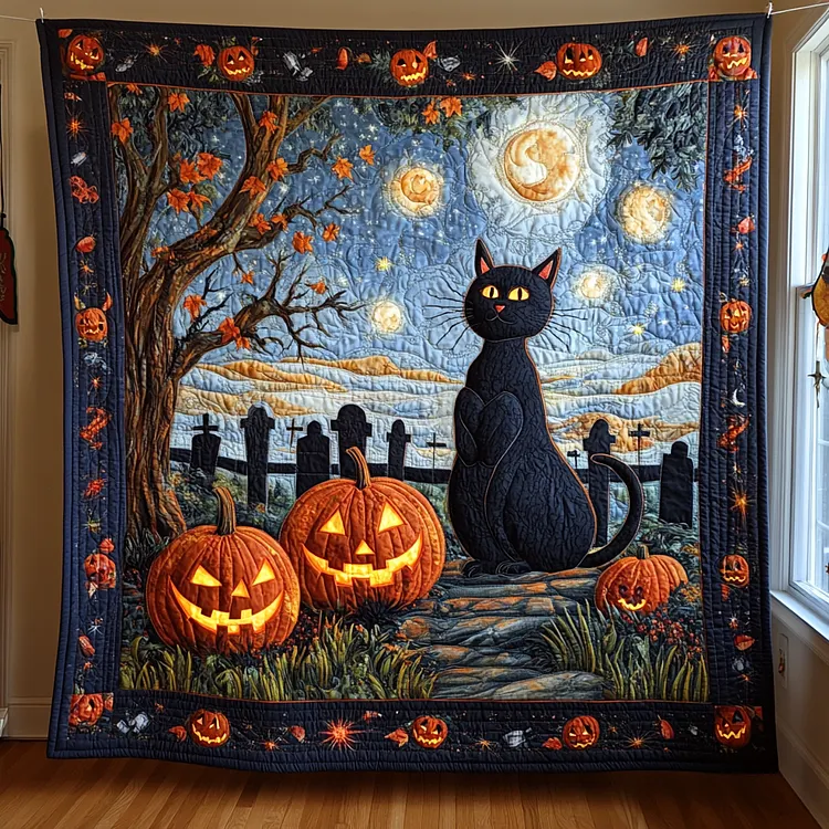 Spook-tacular Halloween Quilted Blanket Black Cat Pumpkins Merch Room Gift For Her