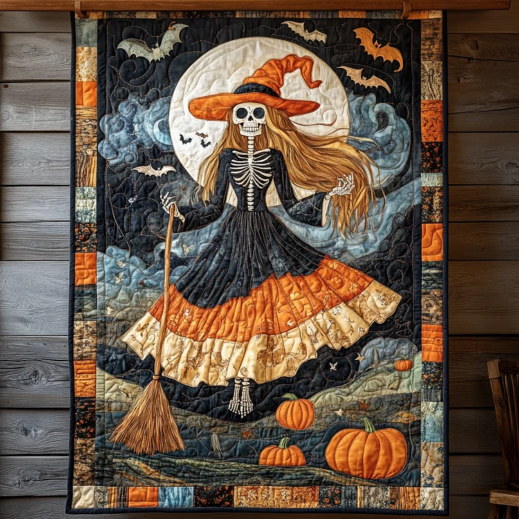 Spooky Cat Quilted Blanket Halloween Witch Skeleton Merch Halloween Gifts For Sister