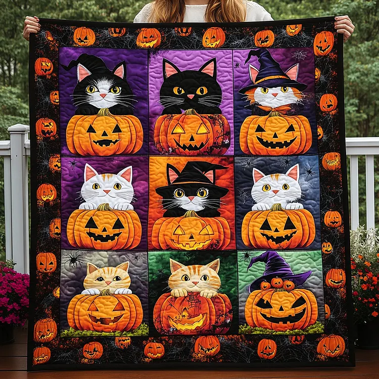 Spooky Cats Quilted Blanket Halloween Cats Pumpkins Merch Cute Halloween Gifts