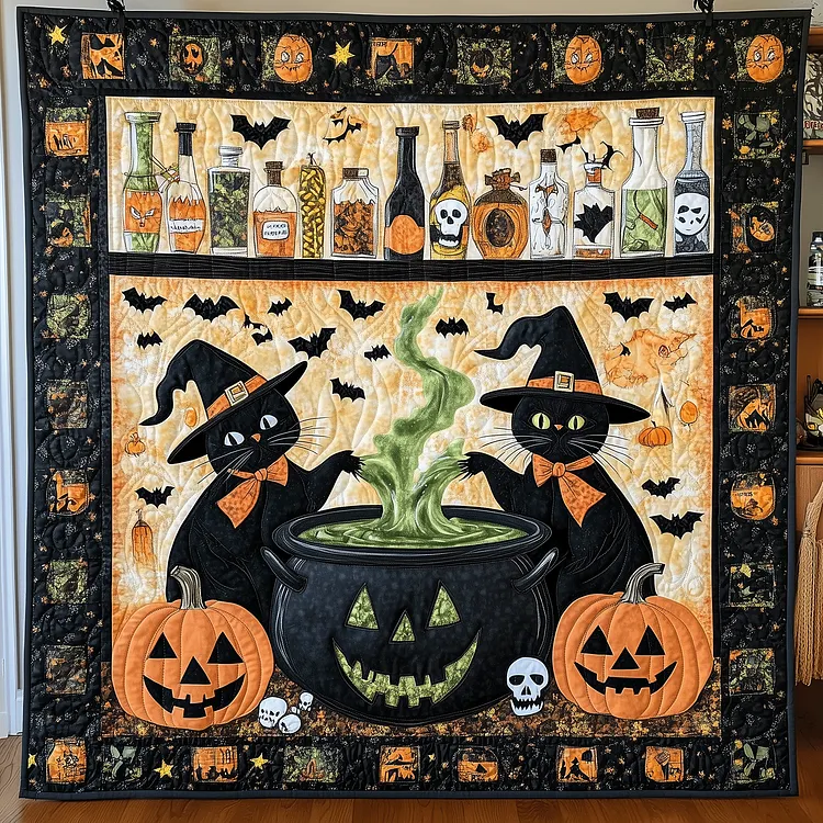 Spooky Cauldron Cats Quilted Blanket Halloween Black Cats Merch Gifts For Room Decor