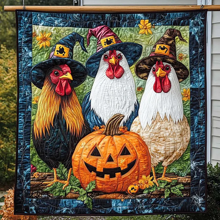 Spooky Chicken Trio Quilted Blanket Halloween Chickens Pumpkin Merch Gift For Home Lover