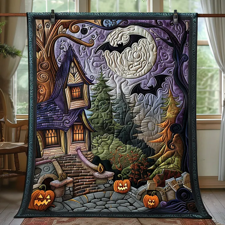 Spooky Cottage Quilted Blanket Haunted House Pumpkins Merch Trendy Room Decor
