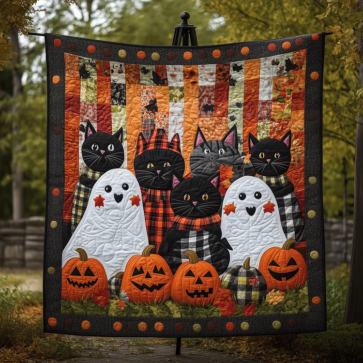 Spooky Feline Quilted Blanket Halloween Cats Pumpkins Merch House Lover Gift Ideas