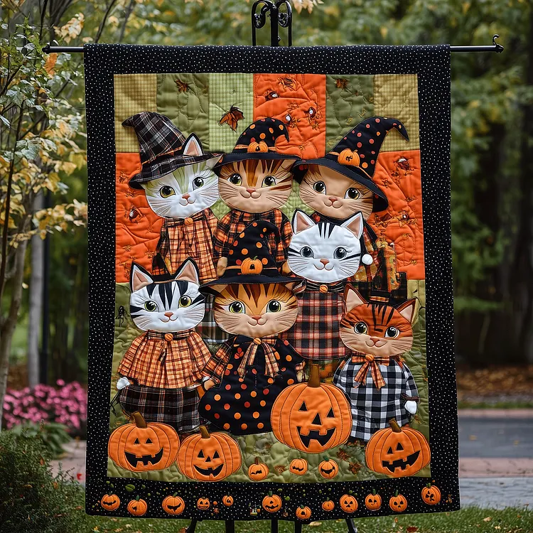 Spooky Paws Quilted Blanket Halloween Cats Pumpkins Merch Unique Gift