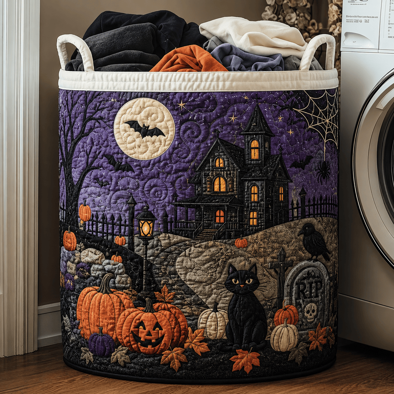 Spooky Season Quilt Laundry Basket Halloween House Storage Bin Gift For Her