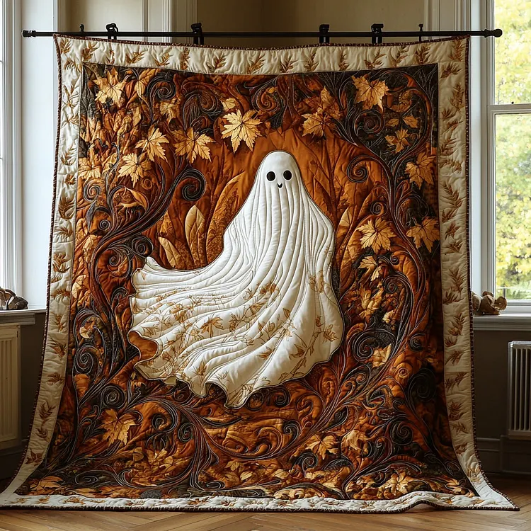 Spooky Stroll Quilted Blanket Ghost Autumn Leaves Merch Room Gift For Him