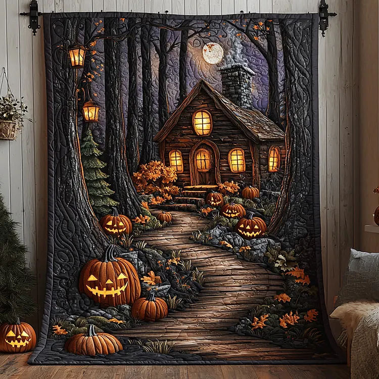 Spooky Trails Quilted Blanket Haunted House Pumpkins Merch Home Gift