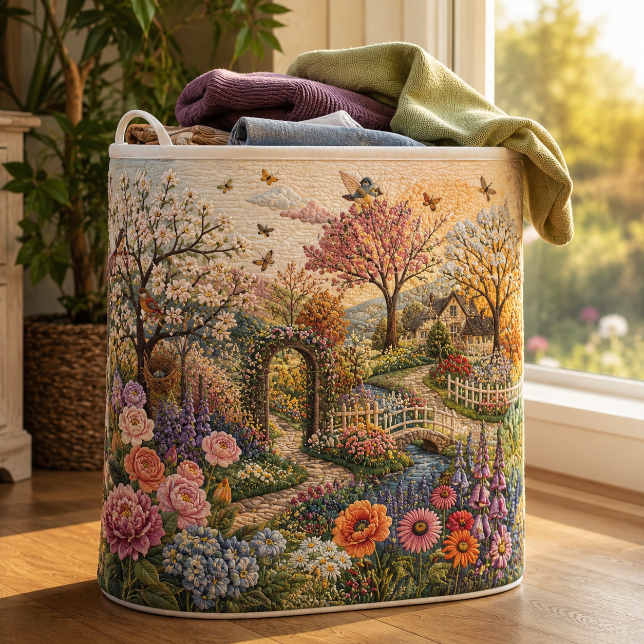 Spring Garden Quilt Laundry Basket Flower Village Storage Bin Gift For Mom