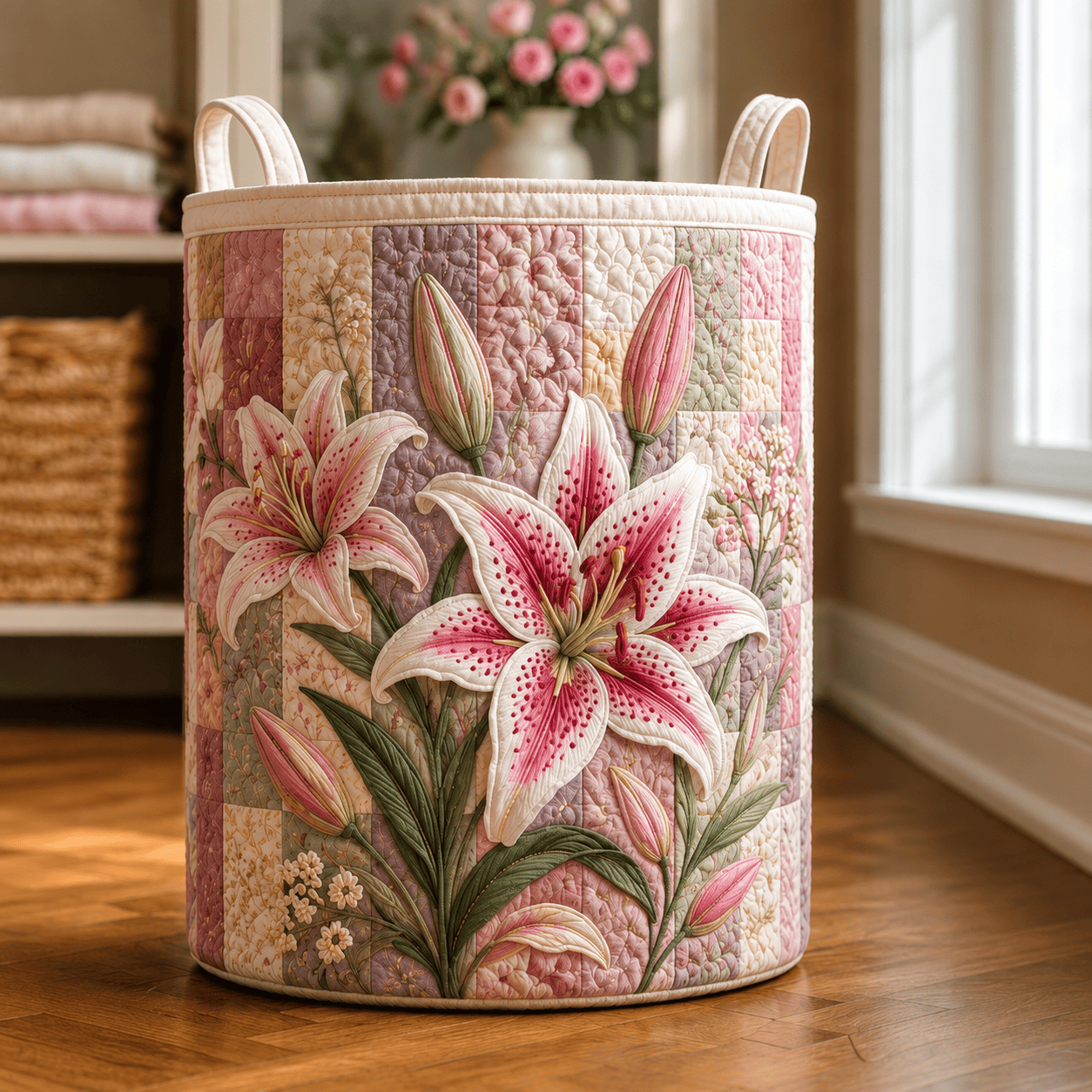 Stargazer Lily Quilted Laundry Basket Pink Lily Flower Clothes Hamper Floral Housewarming Gifts