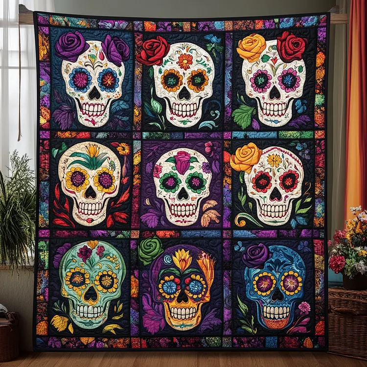Sugar Skull Magic Quilted Blanket Sugar Skull Flowers Merch Gift For New Home