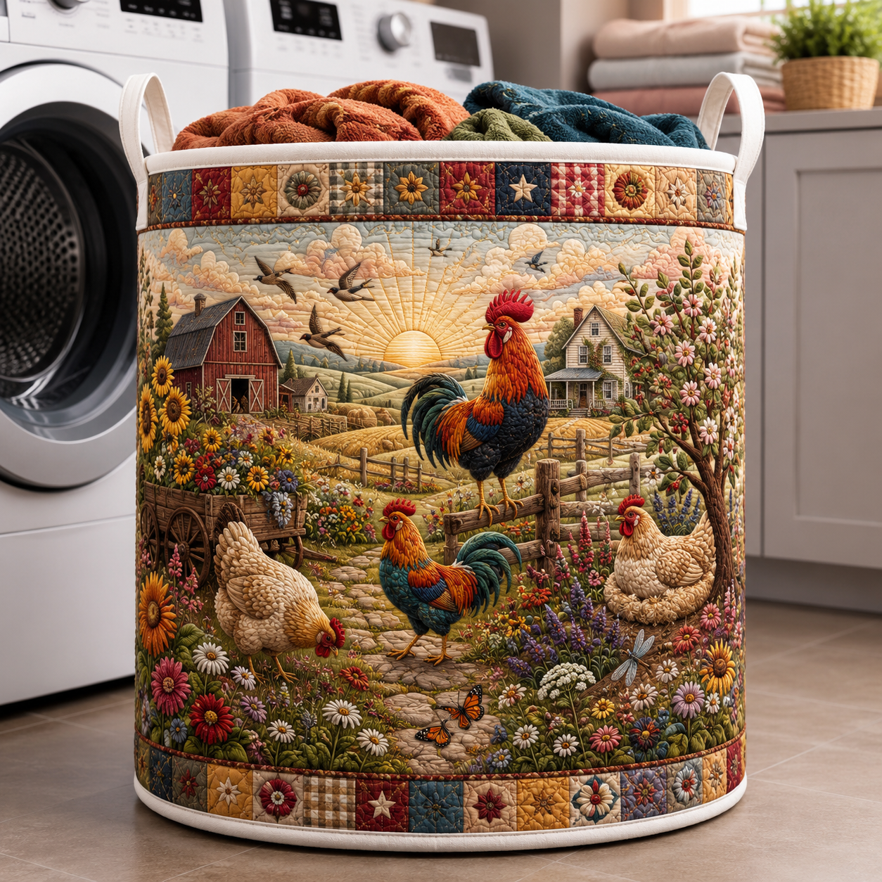 Sunrise Farmyard Quilted Laundry Basket Rooster Chicken Clothes Hamper Farm Gifts