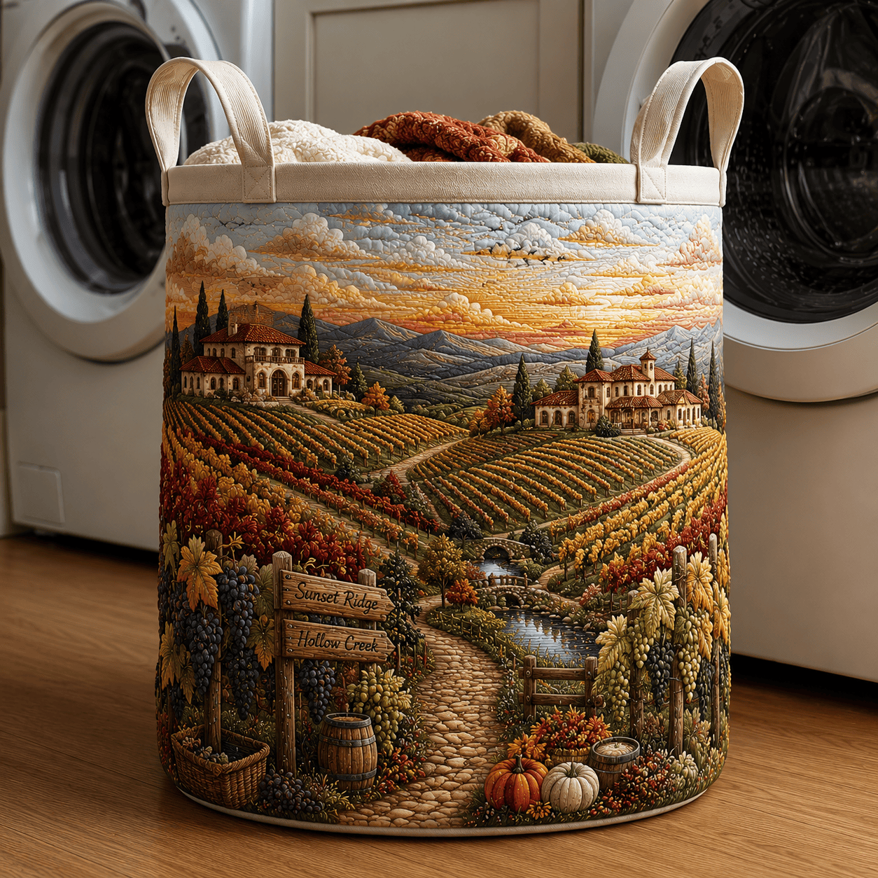 Sunset Ridge Vineyard Quilt Laundry Basket Wine Farm Storage Bin Gift For Wine Lovers