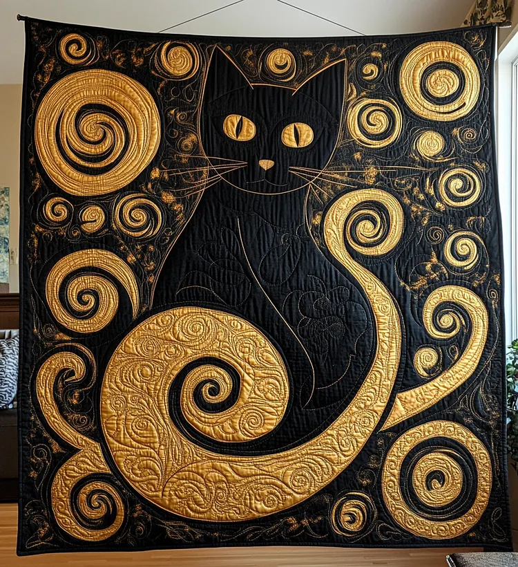 Swirling Feline Quilted Blanket Black Cat Swirls Merch Top Decor Gift