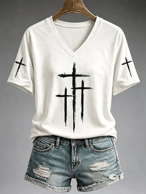 Three Holy Crosses Faith Graphic Art V-Neck T-Shirt Christian Merch Blessed Faith Presents