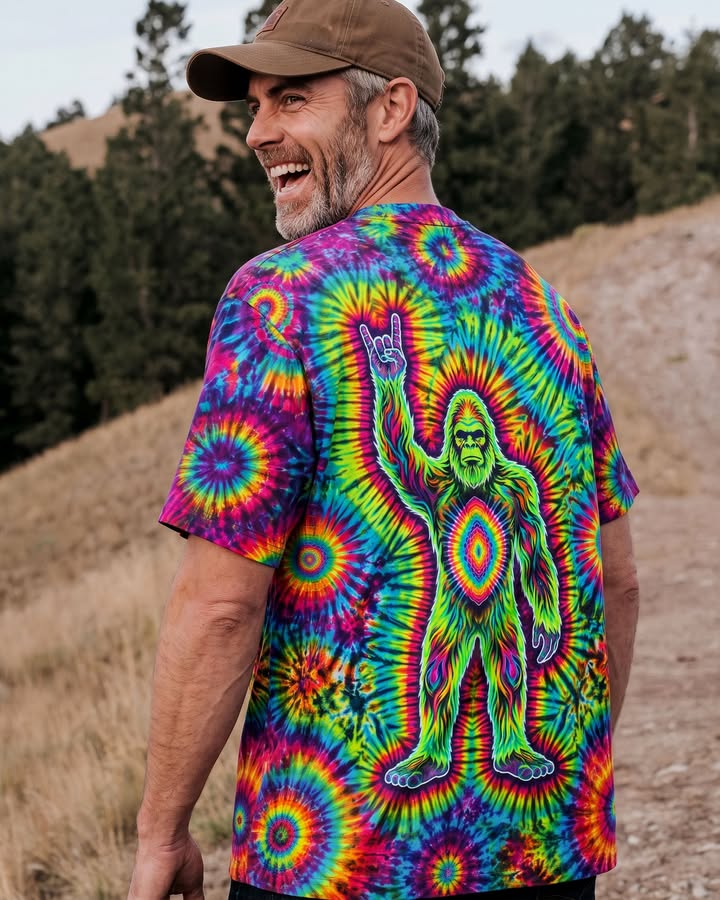 Trippy Tie Dye Bigfoot Rock On Hand Sign Hawaiian Shirt Bigfoot Wilderness Rocker Aloha Shirt