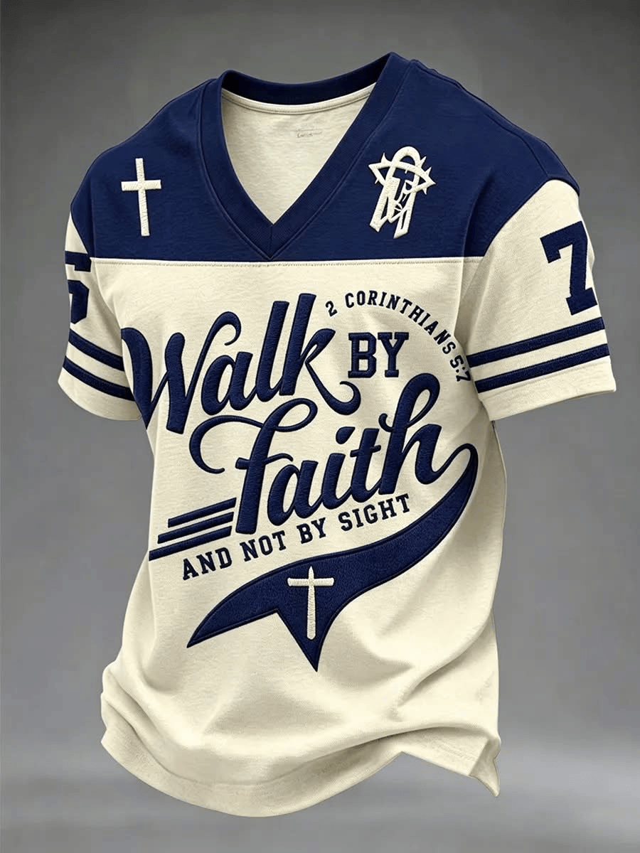 Walk By Faith V-Neck Shirt Sporty Cross Christian Merch Meaningful Gifts